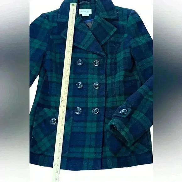 St. John's Bay Wool Tartan Plaid Peacoat in Navy and Green. Size Small. - Picture 7 of 10